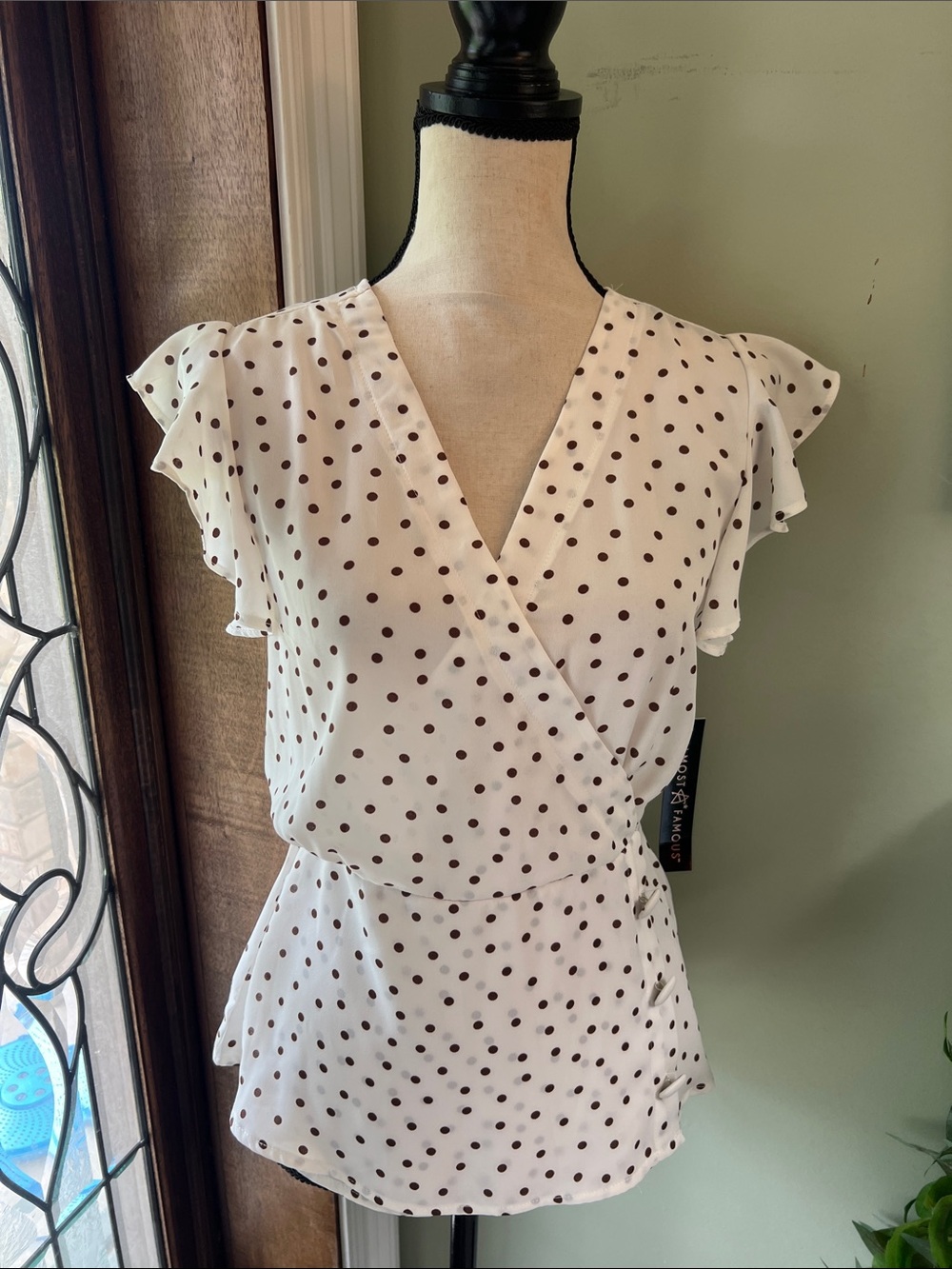 Almost Famous White Blouse with Brown Polka Dots